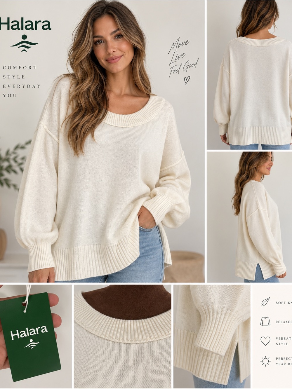 HALARA Cream Oversized Scoop-Neck Knit Sweater size xs